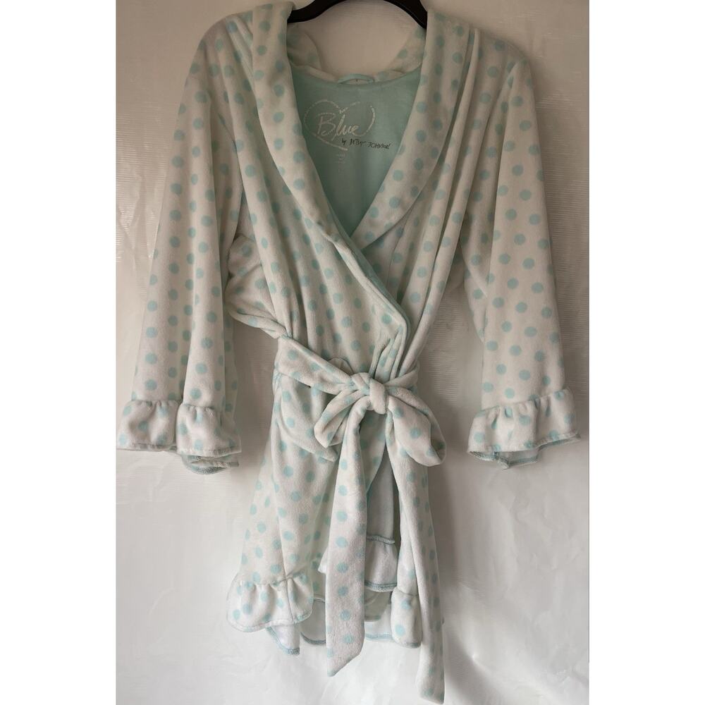 Betsey Johnson Blue White Plush Short Robe Dots Belted Sz L